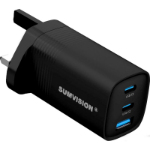 Sumvision Universal 3 Port USB Black Laptop Wall Charger, 65W, GaN, Multiport USB Connections with Type-C, USB-A QC 3.0 Fast Charge & USB-A, Includes UK Plug, Suitable for USB-C Laptop Charging, UK Design and Free UK Tech Support