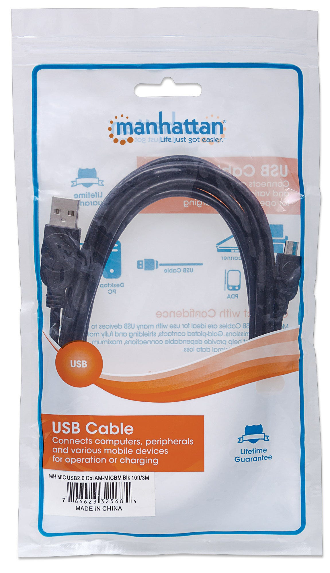 Manhattan USB-A to Micro-USB Cable, 3m, Male to Male, 480 Mbps (USB 2.0), Black, Polybag