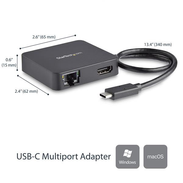 StarTech.com USB C Multiport Adapter - Portable USB-C Mini Dock 4K HDMI Video - Gigabit Ethernet, USB 3.0 Hub (1x USB-A 1x USB-C) - USB Type-C Multiport Adapter - Thunderbolt 3 Compatible