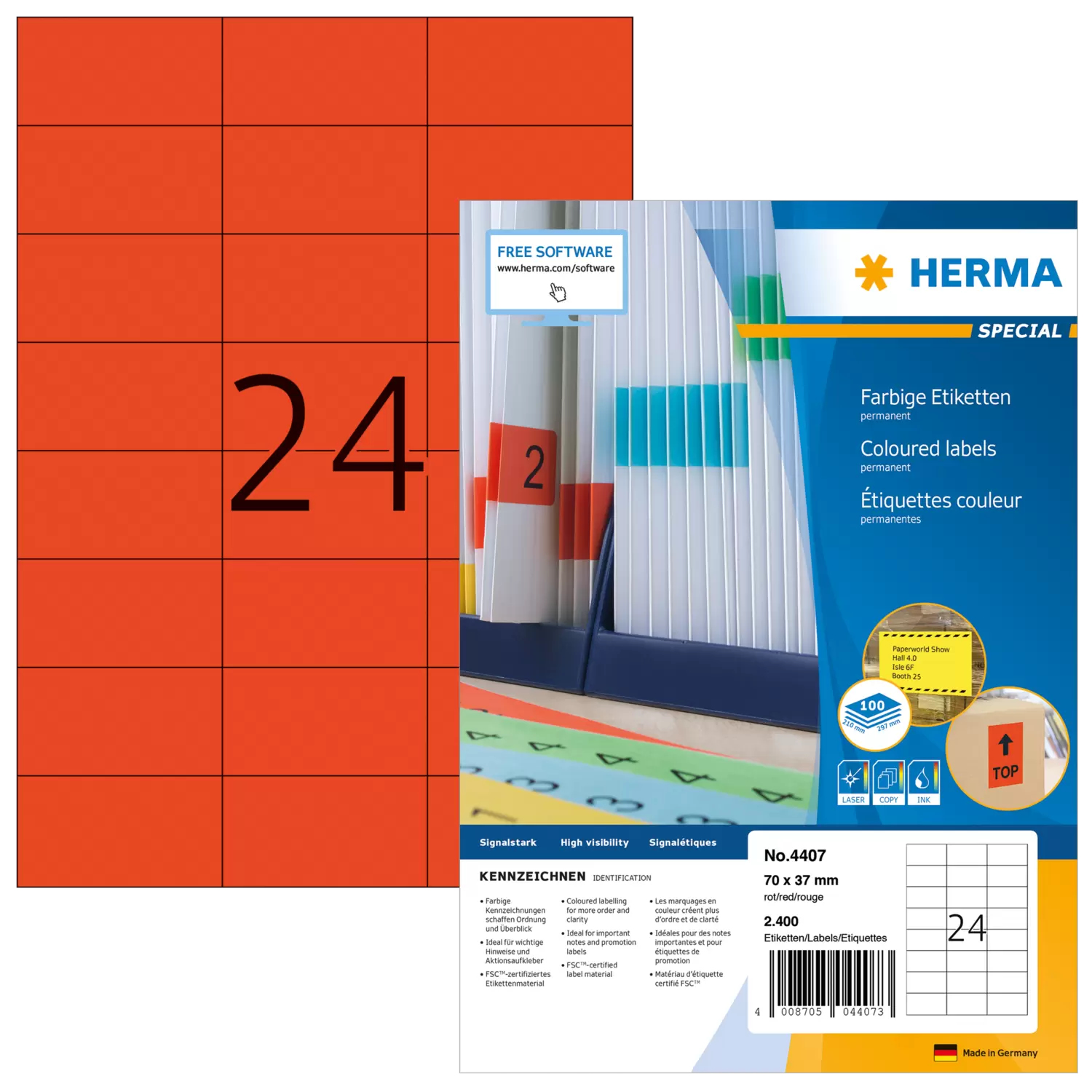 Image of HERMA Coloured Labels A4 70x37 mm red paper matt 2400 pcs.