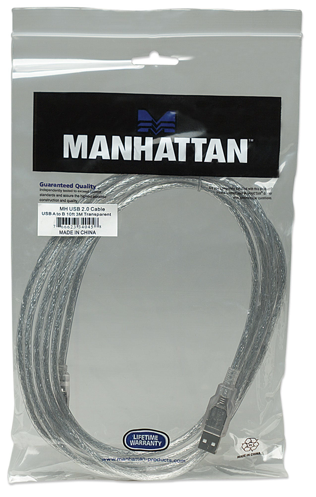 Manhattan USB-A to USB-B Cable, 3m, Male to Male, 480 Mbps (USB 2.0), Translucent Silver, Polybag