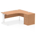 Dynamic Impulse W1600 x D1200 x H730mm Right Hand Crescent Desk Cable Managed Leg With D600mm Desk High Pedestal Oak Finish White Frame - I004104 DD