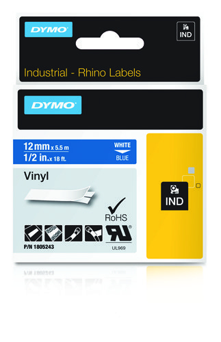 Dymo 1805243 Ribbon Vinyl white / blue 12mmx5,5m for Dymo Rhino 6-12mm/19mm/24mm