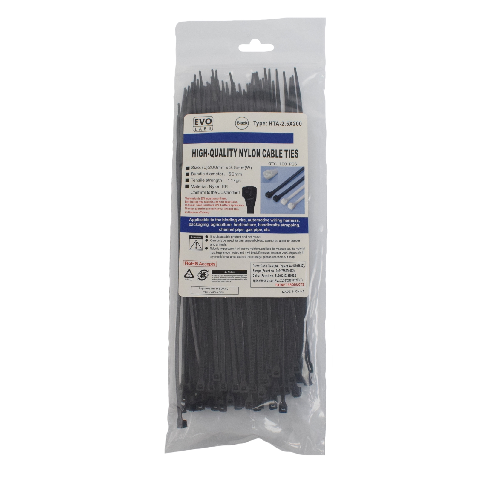 Image of Evo Labs 2.5X200MM BLACK cable tie Nylon 100 pc(s)