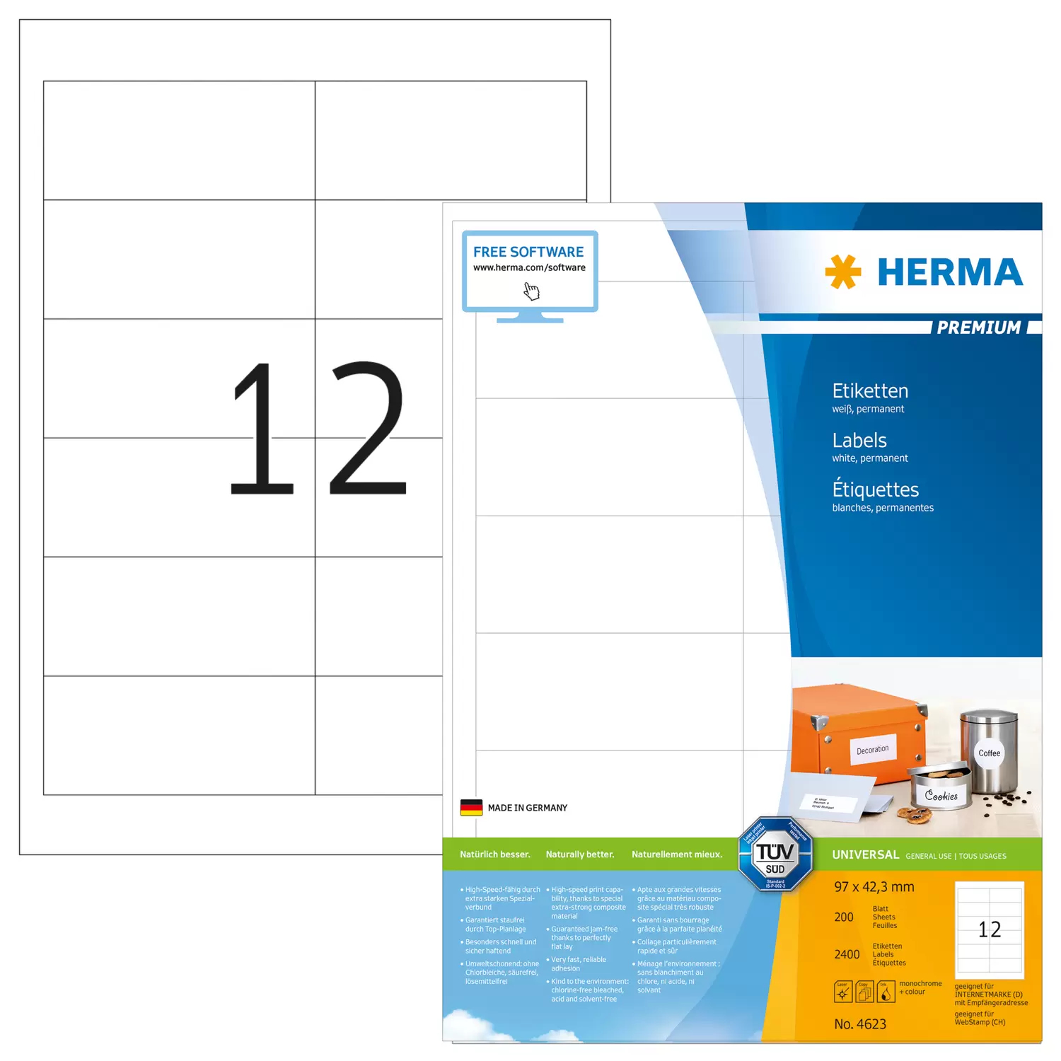 Image of HERMA Labels Premium A4 97x42.3 mm white paper matt 2400 pcs.