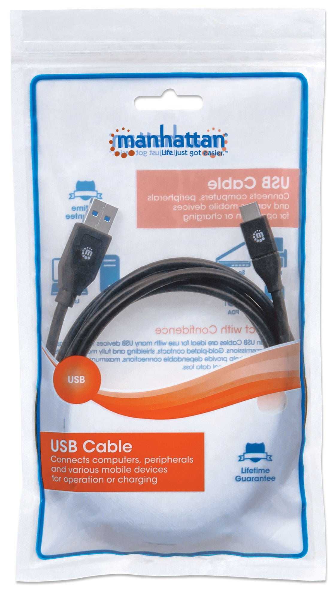 Manhattan USB-C to USB-A Cable, 2m, Male to Male, 5 Gbps (USB 3.2 Gen1 aka USB 3.0), 3A (fast charging), Black, Lifetime Warranty, Polybag