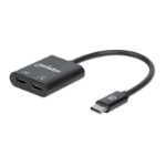 Manhattan USB-C Audio and Charging Adapter, USB-C Audio Output and USB-C Power Delivery Pass-Through up to 60W, 11cm Cable, USB 2.0, 480 Mbps, Black, Three Year Warranty