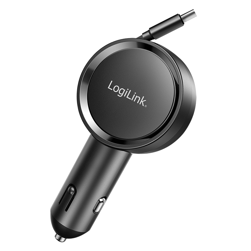 LogiLink USB Car Charger, 1 Port, USB-C, PD3.0, 30W, retractable cable, 0,80m