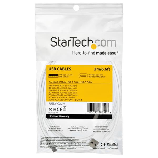 StarTech.com 2m USB A to USB C Charging Cable - Durable Fast Charge & Sync USB 2.0 to USB Type C Data Cord - Rugged TPE Jacket Aramid Fiber M/M 60W White - Samsung S10, iPad Pro, Pixel