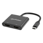 Manhattan Multiport Adapter with USB Type-C Male to Two HDMI (up to 4K@60Hz), USB-A (480 Mbps), and USB Power Delivery Charging (100 W) Ports, Aluminum, Black