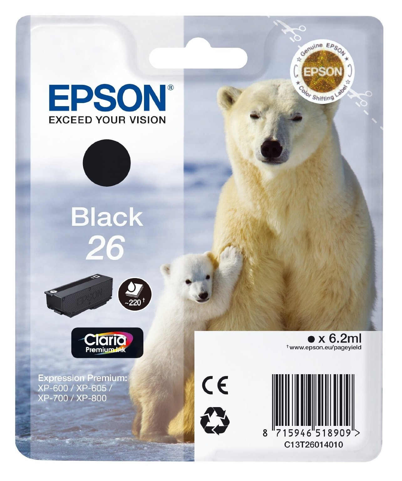 Epson C13T26014010/26 Ink cartridge black. 220 pages 6.2ml for Epson X