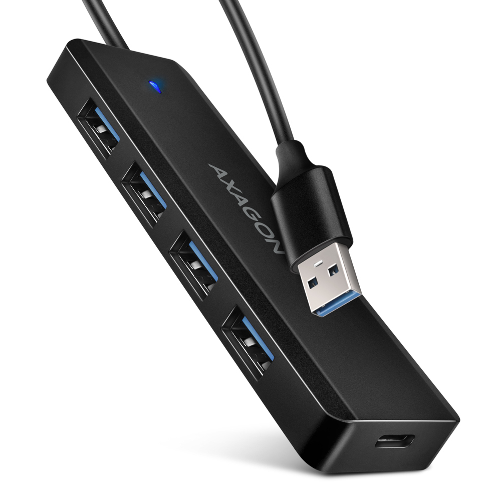 Axagon HUE-C1A 4x USB 5Gbps TRAVEL hub. USB-C power IN. 19cm USB-A cab