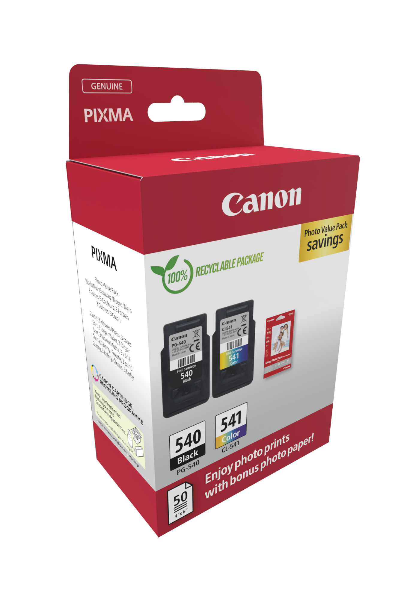 Canon 5225B013/PG-540+CL-541 Printhead cartridge multi pack black + color + Photopaper 50 sheet PVP 8ml/180pg + 8ml/180pg Pack=2 for Canon Pixma MG 2150/MX 370