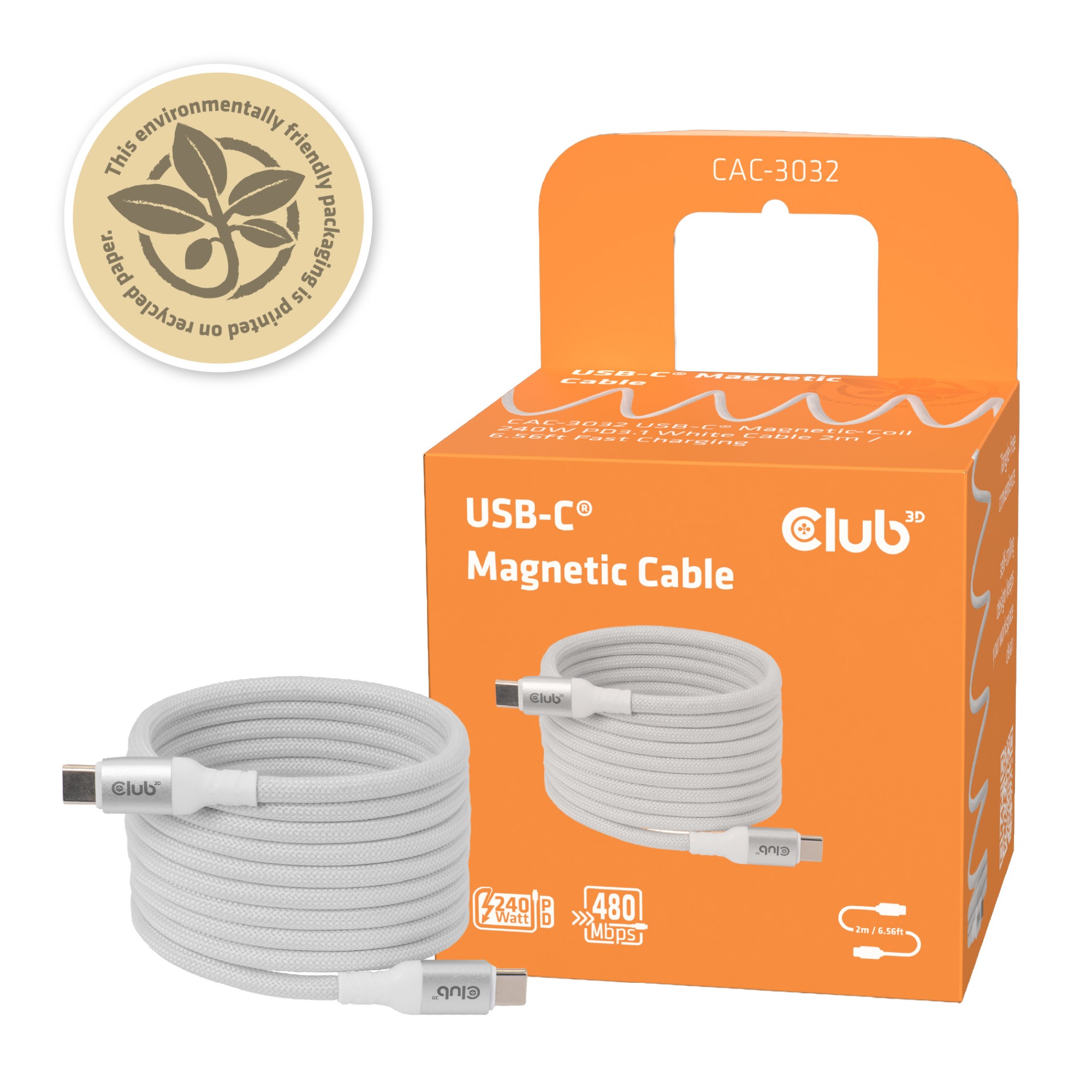 CLUB3D CLUB 3D USB-C Magnetic-Coil Cable White