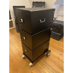 Leba NoteBox 10, Trolley to hold up to 3 10 at once, 4 wheels, locking for 2 weels in front. ergonomic handle position, hinge locking for 10 x3.