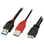 Lindy USB 3.0 Dual Power Cable, 2 x Type A to Micro-B, 0.5m