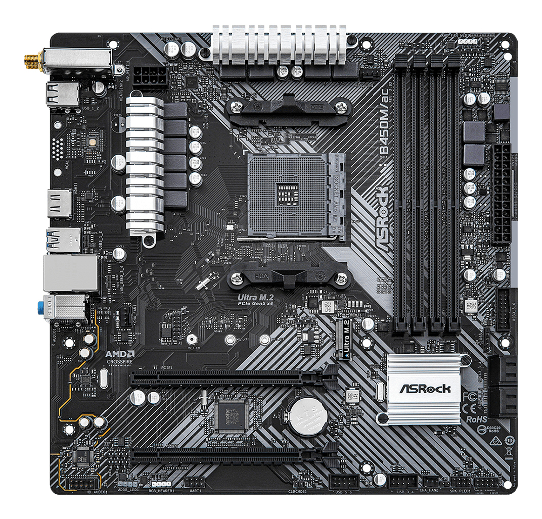 B450M/AC R2.0 ASROCK B450M/AC R2.0, AMD B450, AM4, Micro ATX, 4 DDR4, HDMI, GB LAN, AC Wi-Fi, 1x M.2