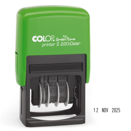 Colop S220 Green Line Eco-friendly Self-inking Date Stamp (4mm Adjustable Date Bands) Impression Size 22x4mm Black Ink - 105510