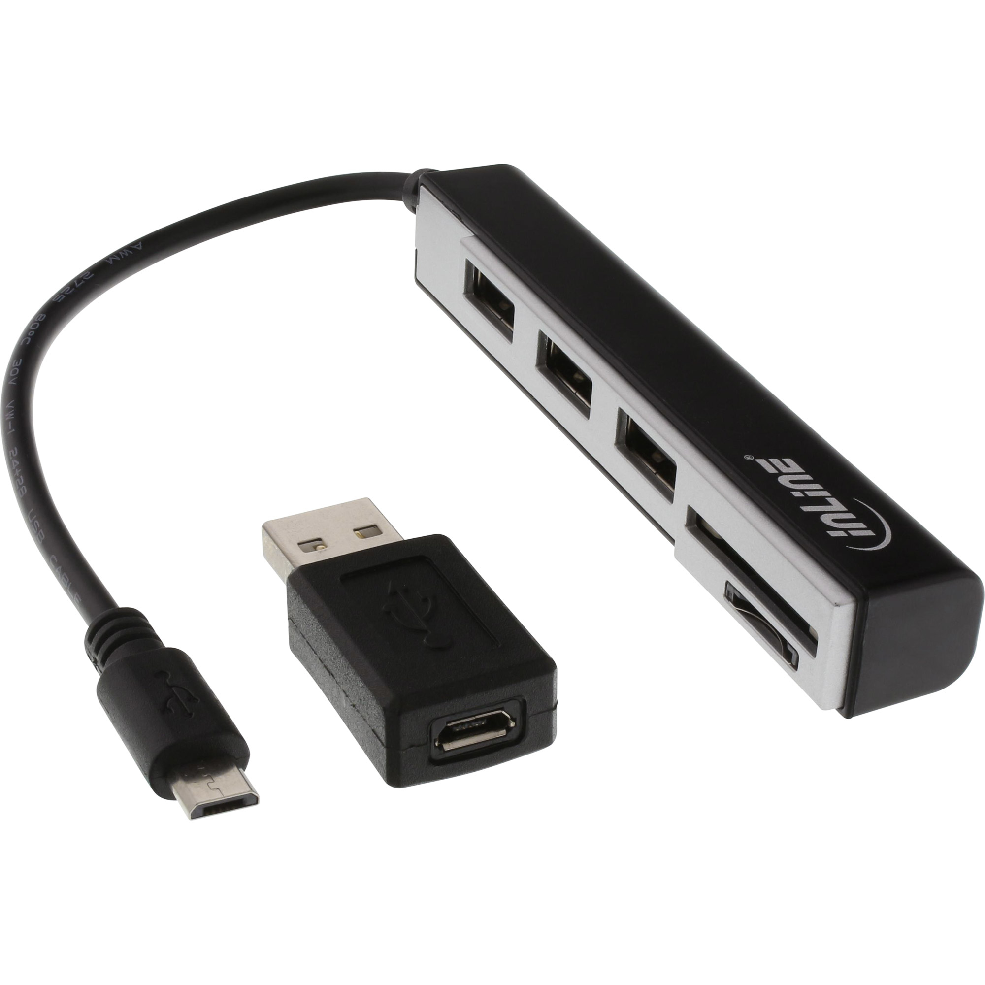 66775C INLINE INC USB OTG Cardreader & 3-fach USB 2.0 Hub - fr SDXC/microSD - mit Adapter