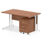 Dynamic Impulse Cantilever Straight Office Desk W1400 x D800 x H730mm Walnut Finish White Frame With 2 Drawer Mobile Pedestal - I003915 DD