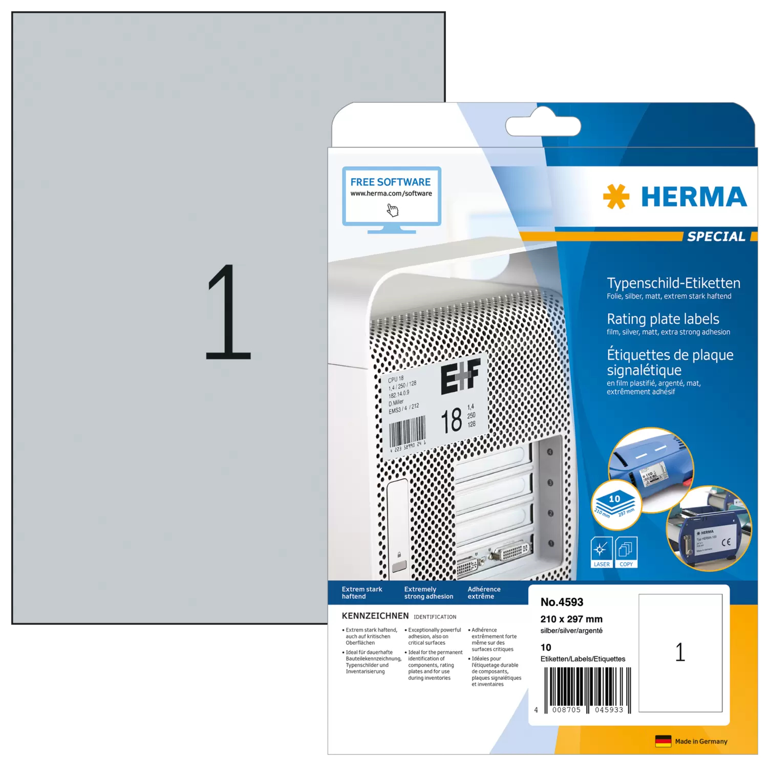 HERMA 4593 self-adhesive label Rectangle Silver 10 pc(s)