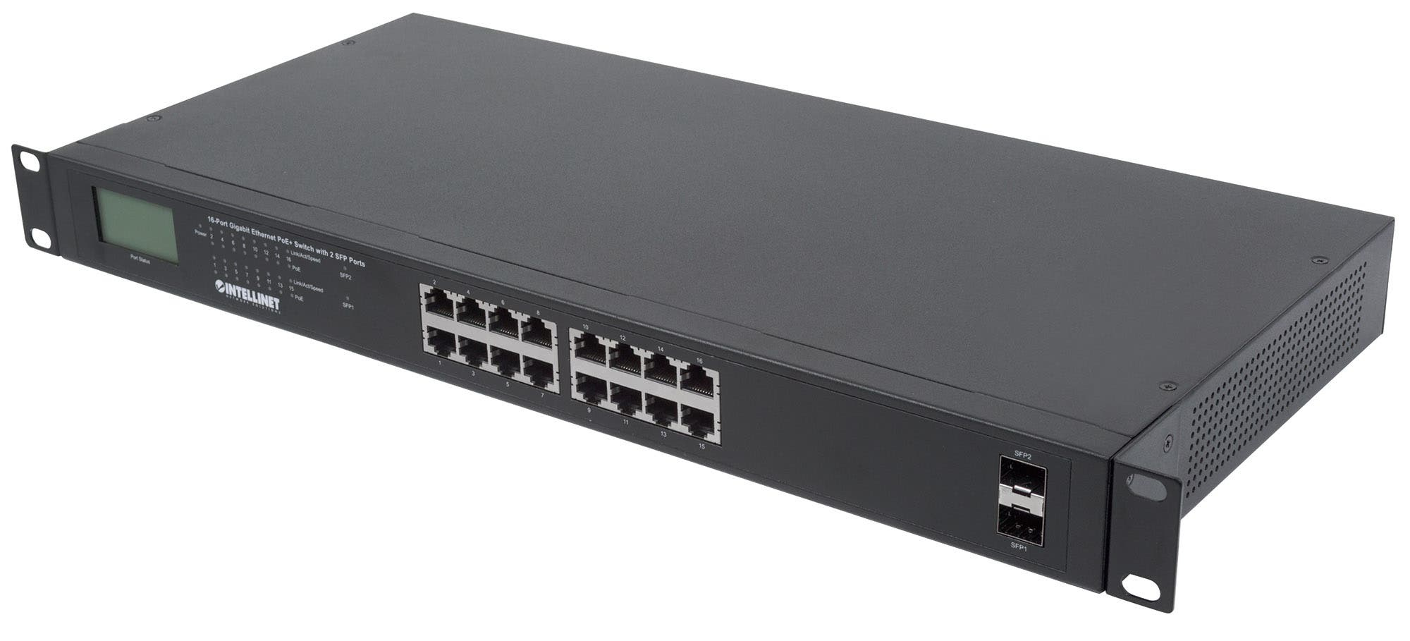 Intellinet 16-Port Gigabit Ethernet PoE+ Switch with 2 SFP Ports, LCD Display, IEEE 802.3at/af Power over Ethernet (PoE+/PoE) Compliant, 370 W, Endspan, 19" Rackmount (UK 3-pin plug)