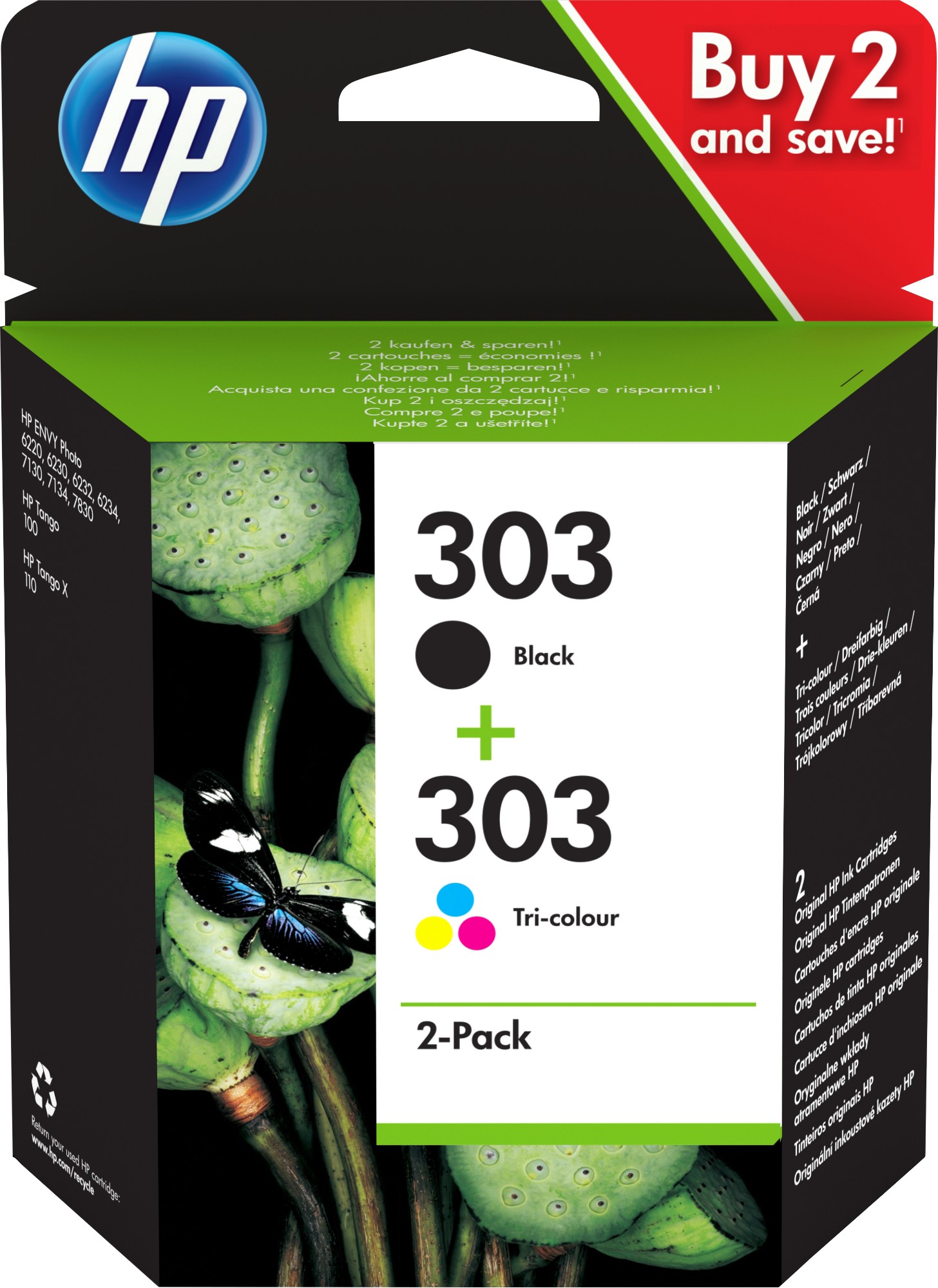 HP 303 Ink Cartridge Twin Pack Black/Tri-color CMY 3YM92AE