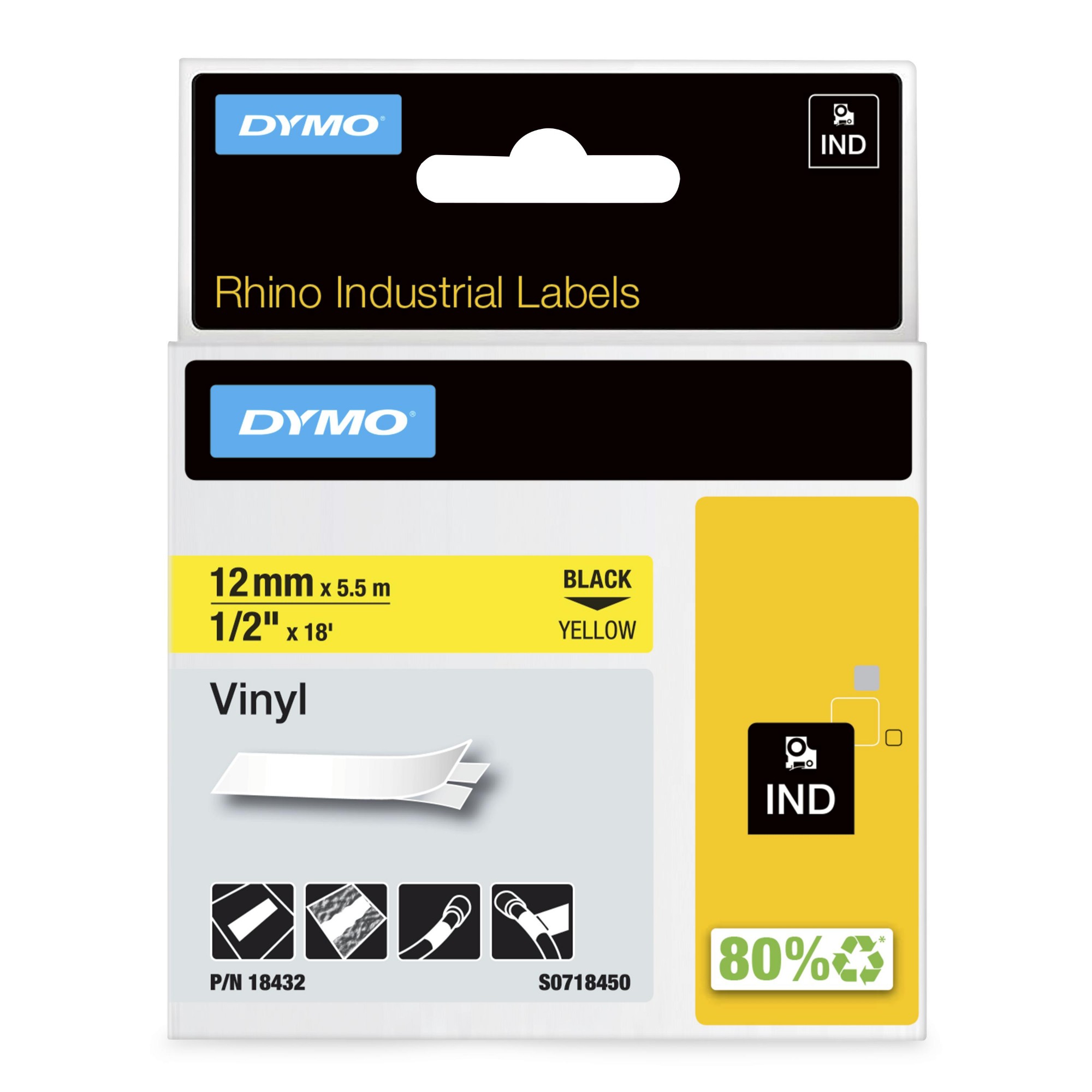 Dymo 18432/S0718450 Ribbon Vinyl black on yellow 12mm x 5,5m for Dymo Rhino 6-12mm/19mm/24mm