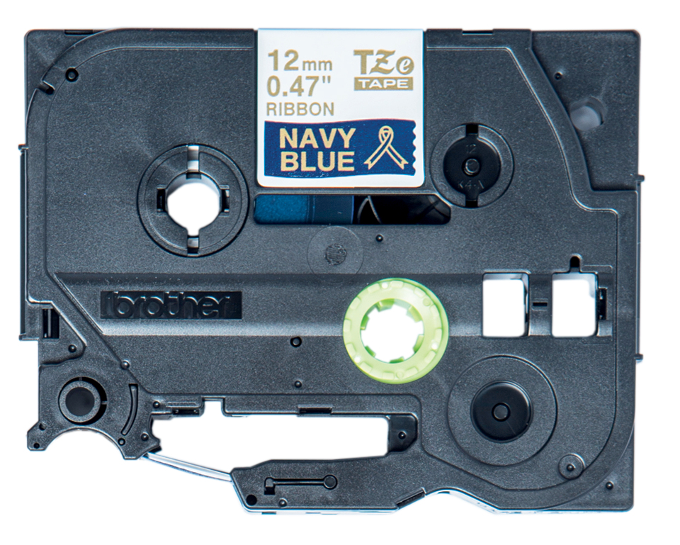 Image of Brother TZE-RN34 DirectLabel gold on Navy blue non adhesive textil...