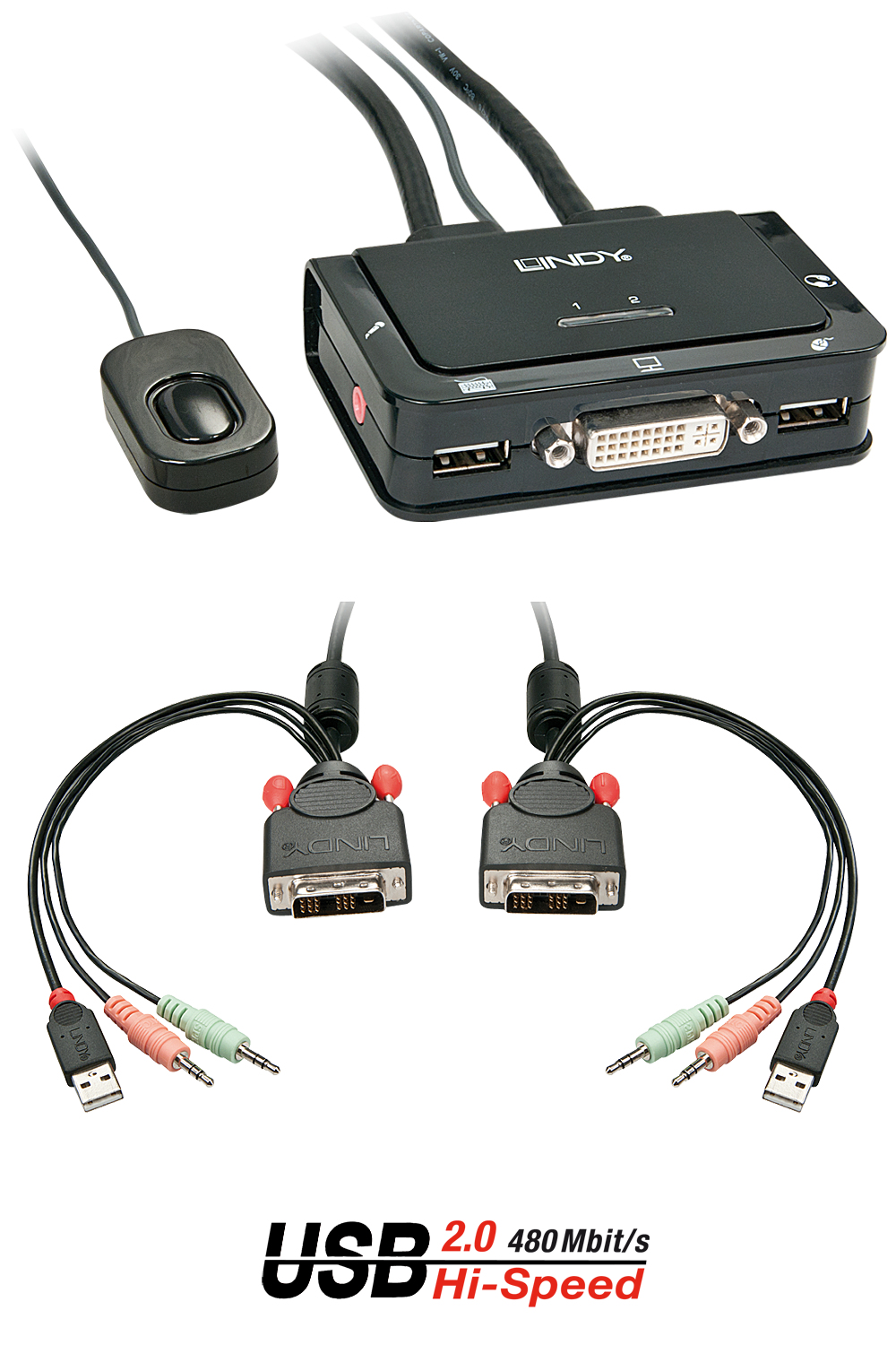Photos - KVM Switch Lindy 2 Port DVI-D Single Link, USB 2.0 and Audio  Compact 42341 