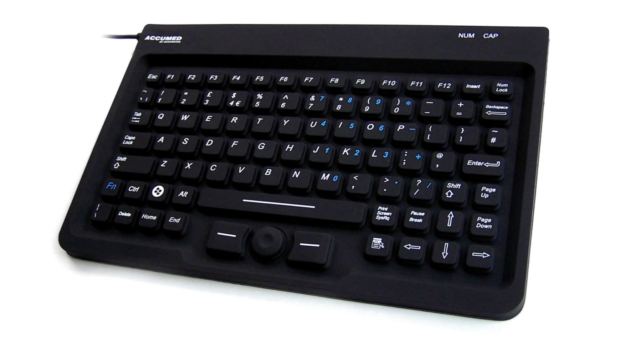 Ceratech Accuratus Accumed KYBNA-SIL-MINCBKHY; fully sealed silicon black super mini/micro USB keyboard made up of a Rigid Silicone chassis with NanoArmour 2 layer antibacterial protection impregnated into the silicone and coated on the surface. IP 67 rat