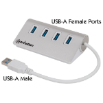 Manhattan USB-A 4-Port Hub, 4x USB-A Ports, 5 Gbps (USB 3.2 Gen1 aka USB 3.0), Bus Powered, Fast charging up to 0.9A, Equivalent to Startech ST43004UA, SuperSpeed USB, Aluminium Housing, Windows and Mac, Silver, Three Year Warranty, Blister