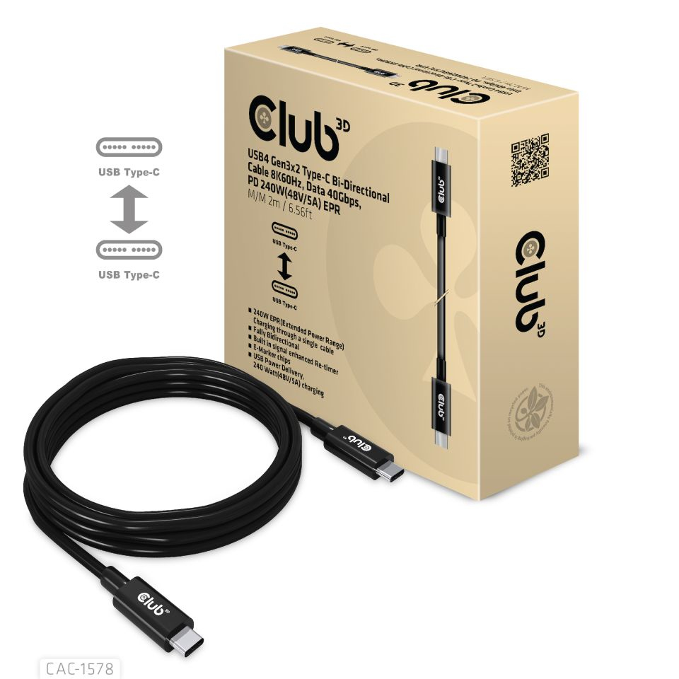 Image of CLUB3D USB4 Gen3x2 Type-C Bi-Directional Cable 8K60Hz, Data...