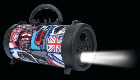 Manhattan London Bluetooth Speaker (Clearance Pricing), Decent Sound Output (3W), 3 hour Playback time, FM Radio, Range 10m, microSD card reader (32GB), Aux 3.5mm connector, USB-A charging cable included, 1200mAH battery, Bluetooth v5, Three Years Warrant