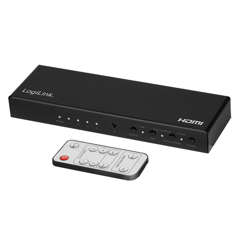 LogiLink HDMI switch, 4x1-Port, 4K/60 Hz, HDCP, HDR, ARC, audio extract, RC