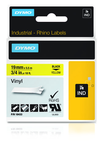 Image of Dymo 18433/S0718470 Ribbon Vinyl black on yellow 19mm x 5,5m for...