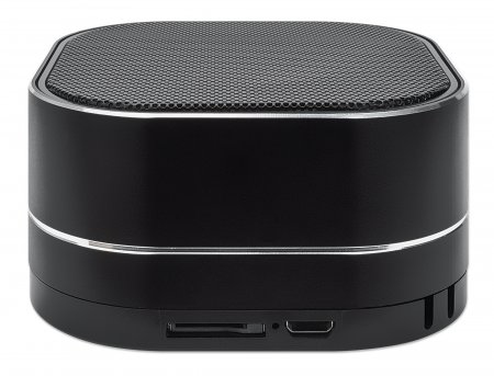 Manhattan Metallic Bluetooth Speaker (Clearance Pricing), Microphone, FM Radio, Decent Sound Output (3W), 6 hour Playback time, Integrated Controls, Range 10m, microSD card reader, Aux 3.5mm, USB-A charging cable incl, Black, Bluetooth 5.0, 3 Years Warran