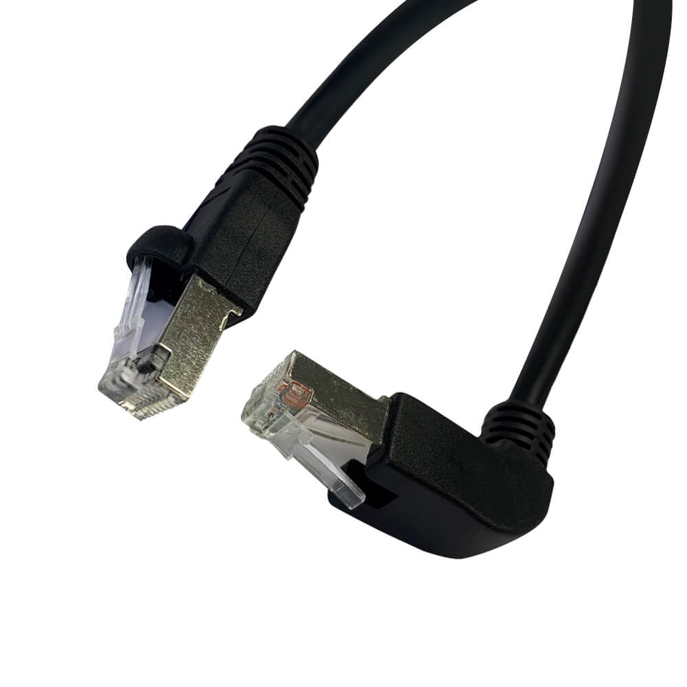 Videk Booted Cat5e STP Straight RJ45 to Right Angled Up RJ45 Patch Cable Black 3m