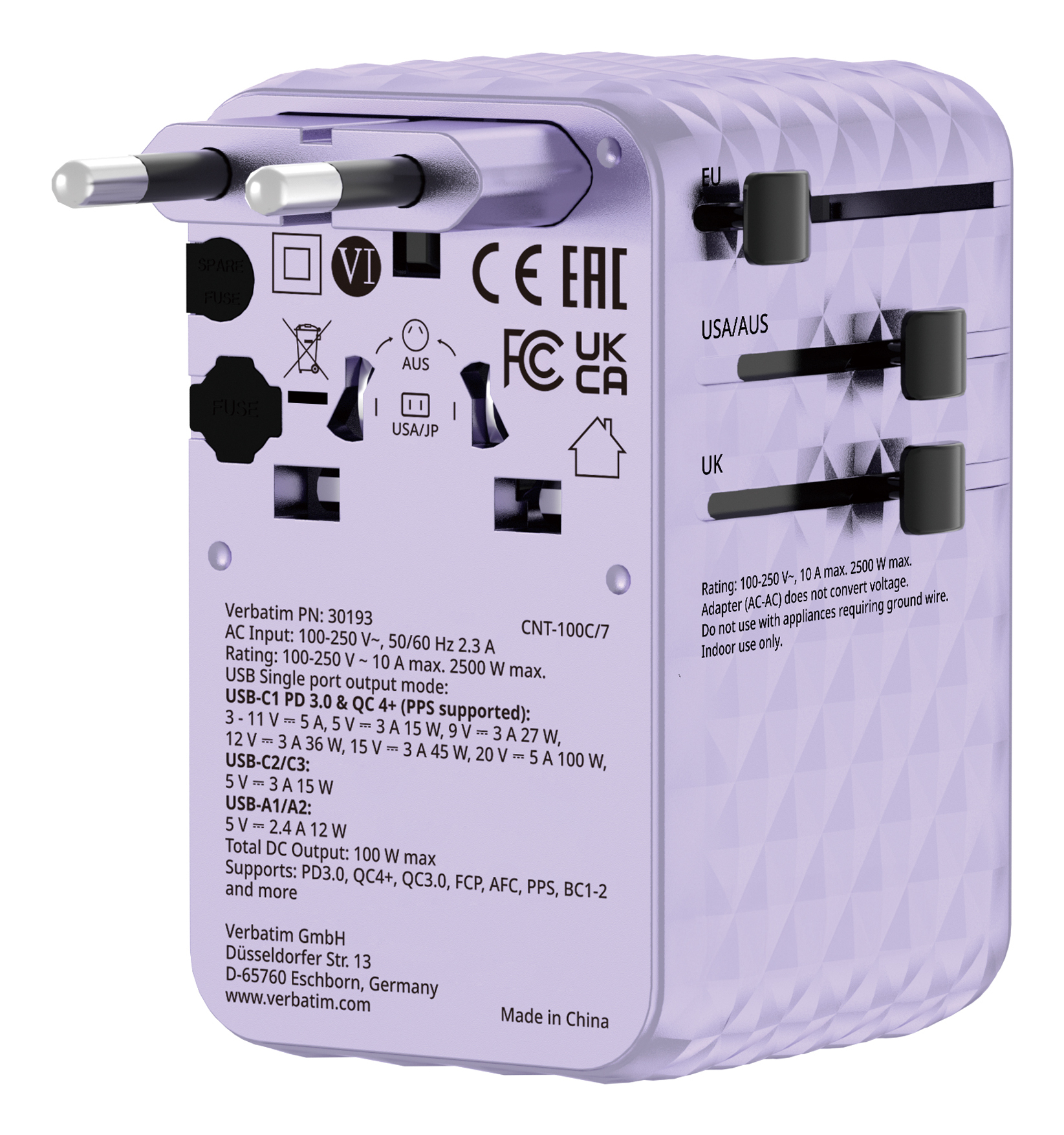 Verbatim Charge 'n' Travel 100W Universal Travel Adapter with retractable cable Purple