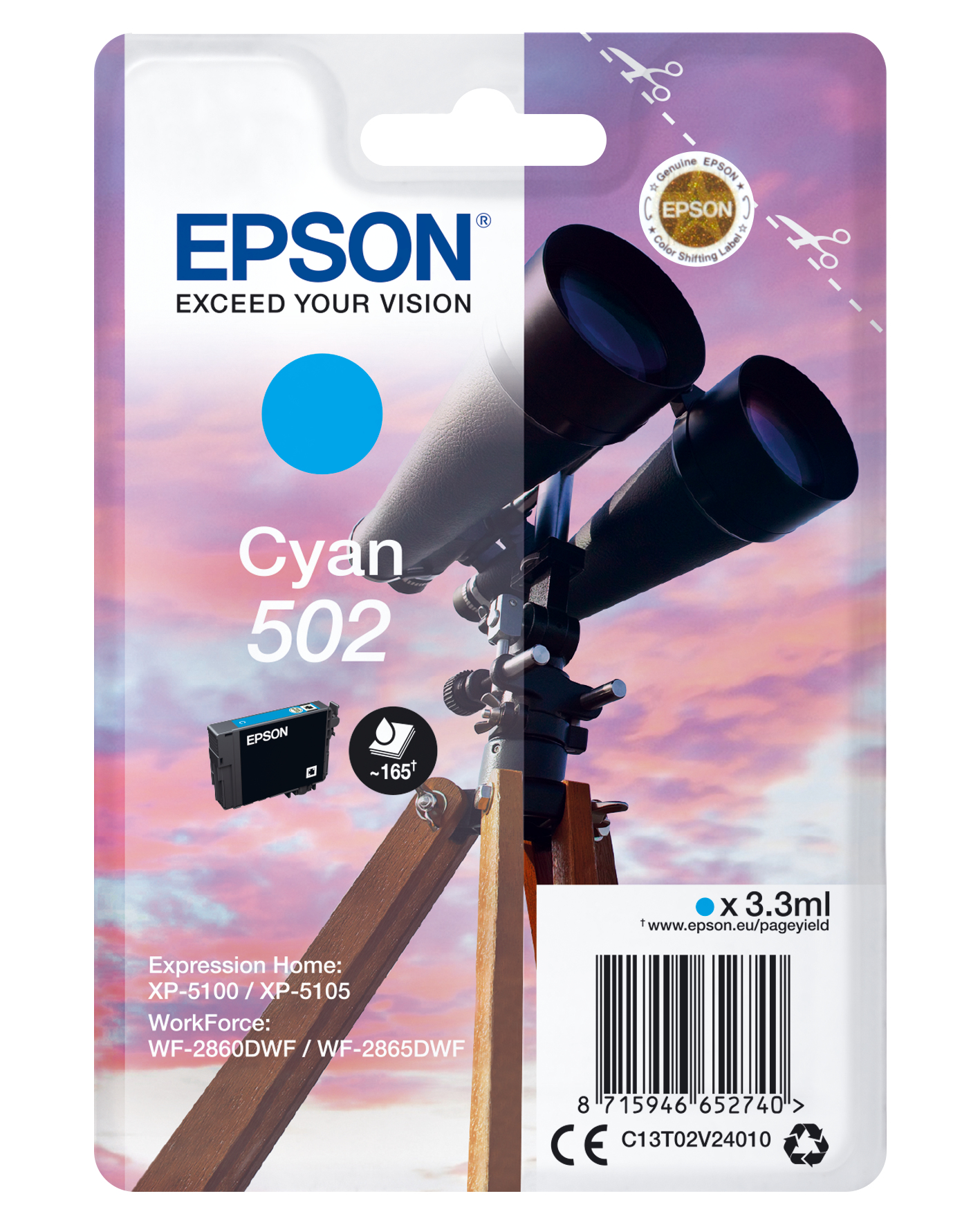 Image of Epson C13T02V24010/502 Ink cartridge cyan, 160 pages 3,3ml for...