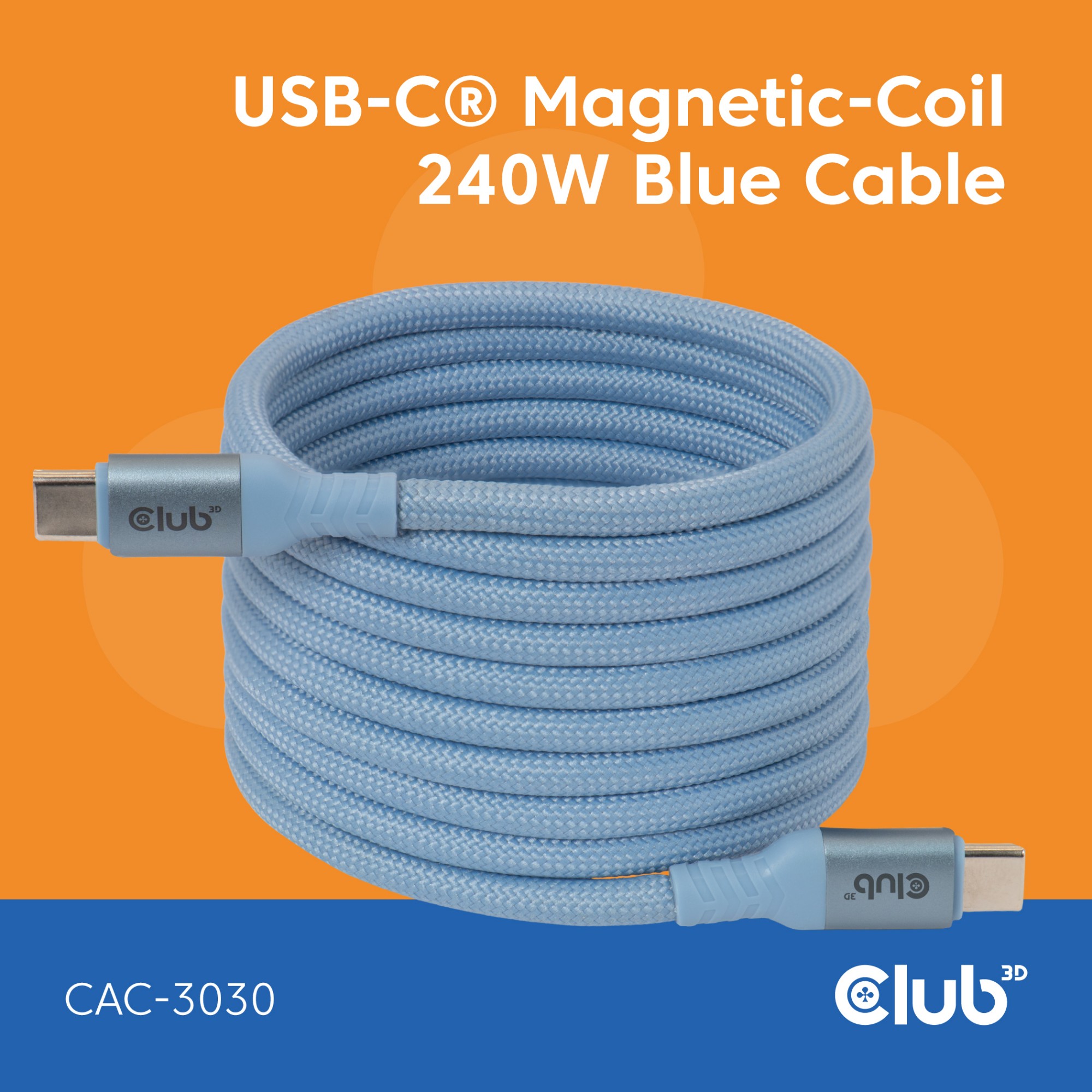 CLUB3D USB-CÂ® Magnetic-Coil 240W PD3.1 Blue Cable 2m / 6.56ft Fast Charging