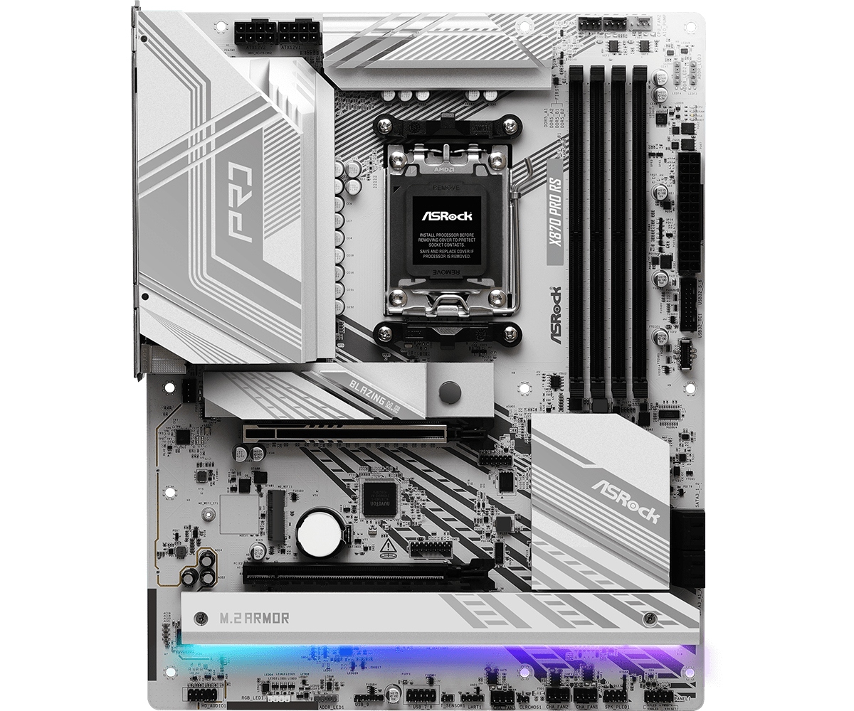 X870 PRO RS ASROCK X870 PRO RS AMD AM5 Socket Motherboard, ATX, 4x DDR5 Slots, 3x M.2 Sockets, 3x USB-C Port, Fitted I/O Shield, 2.5GbE LAN, 1x HDMI Port / 2x USB-C (USB4)