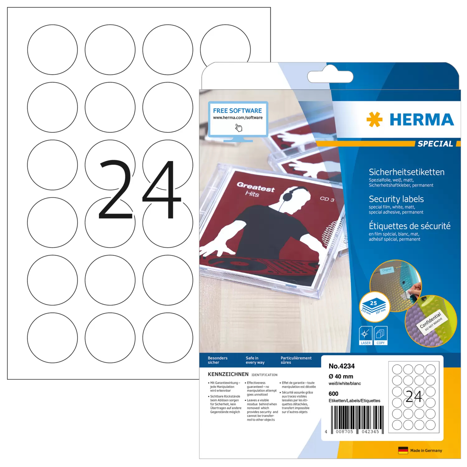 HERMA Security labels A4 Ã˜ 40 mm round white extra strong adhesion film matt 600 pcs.