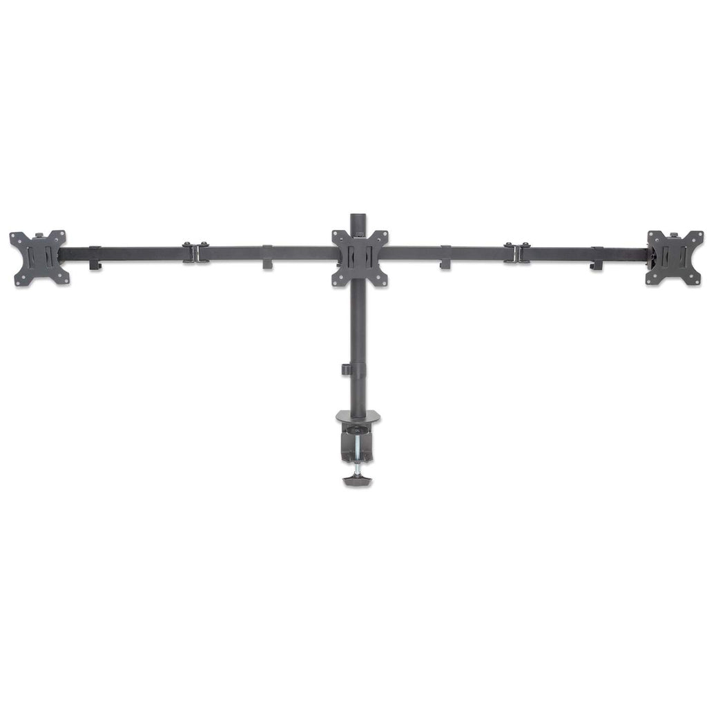 Manhattan TV & Monitor Mount, Desk, Double-Link Arms, 3 screens, Screen Sizes: 10-27", Black, Clamp Assembly, Triple Screen, VESA 75x75 to 100x100mm, Max 7kg (each), Lifetime Warranty