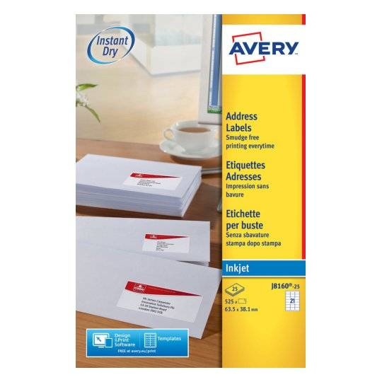 Avery Inkjet Address Labels QuickDRY 63.5x38.1mm 21 Per Sheet White (525 Pack) J8160-25