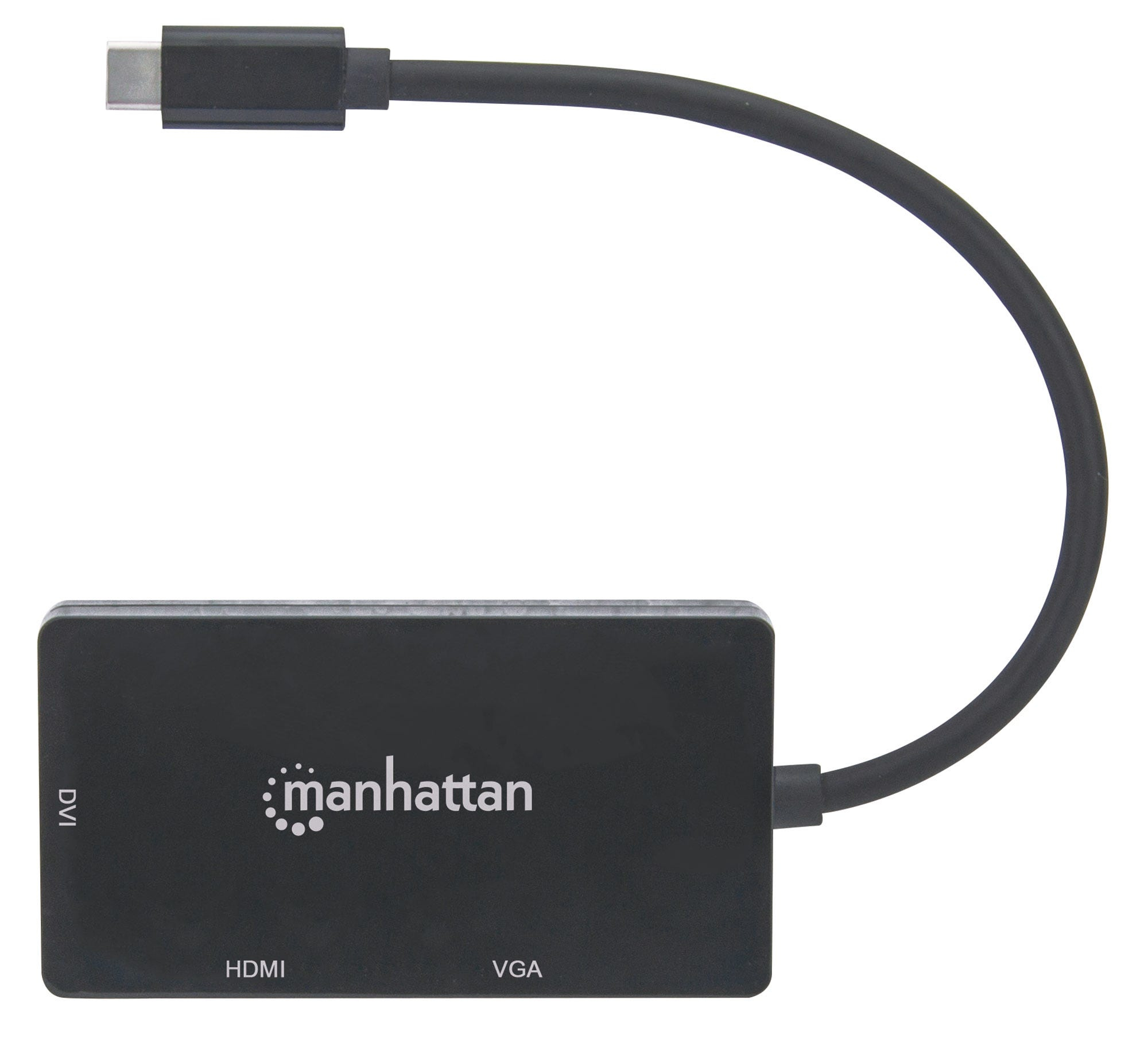 Manhattan USB-C 3-Port Hub/Dock/Converter, USB-C to DVI, HDMI or VGA Ports, HDMI Ultra-High-Definition: 1080p@60Hz or 3840x2160p@30Hz (4K), VGA or DVI: 60 Hz (1080p), Compatible with DVD-D, Male to Females, Cable 10cm, Black, Three Year Warranty, Blister