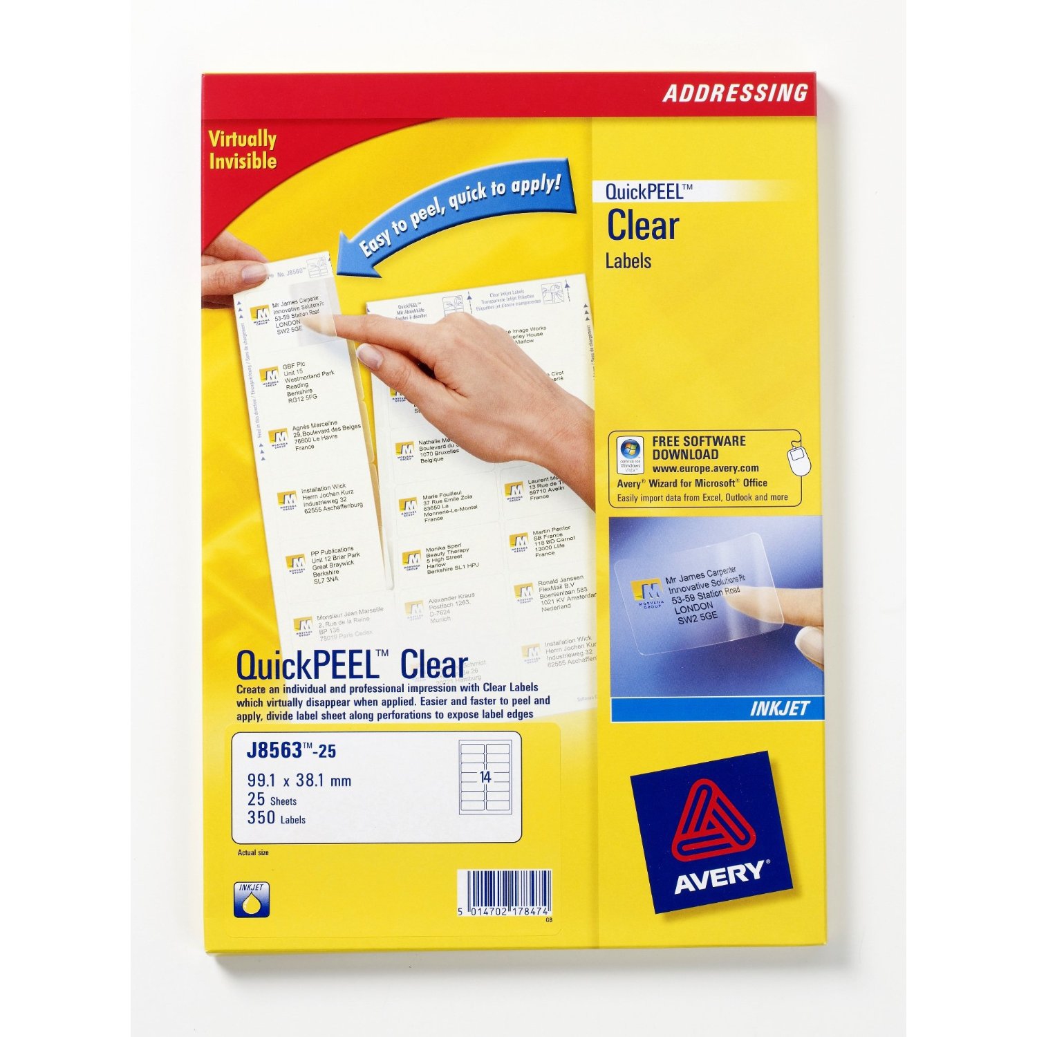 Avery Inkjet Address Labels 14 Per Sheet Clear (Pack of 350) J8563-25