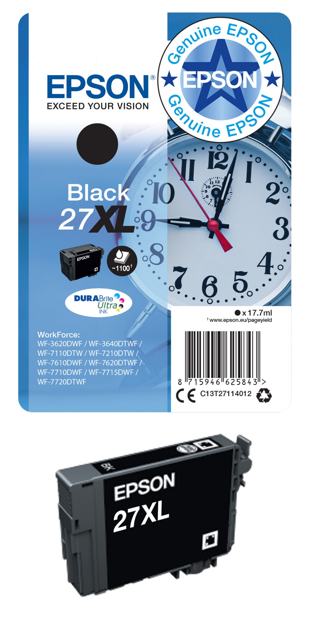 Epson 27XL Alarm Clock DURABrite Ultra Ink Cartridge High Yield Black C13T27114012