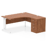 Dynamic Impulse W1600 x D1200 x H730mm Right Hand Crescent Desk Cable Managed Leg With D600mm Desk High Pedestal Walnut Finish White Frame - I004108 DD