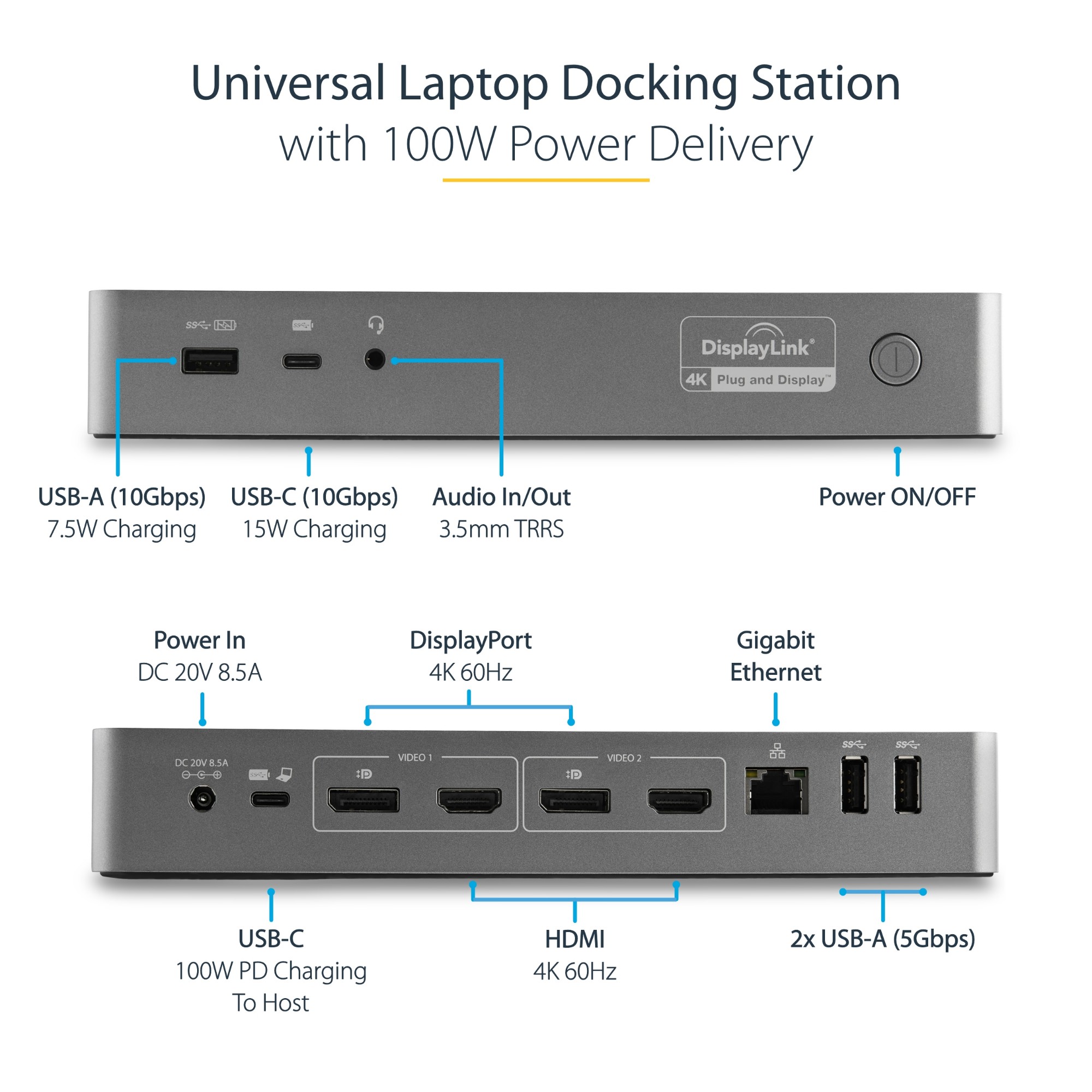 StarTech-com-USB-C---USB-A-Dock---Hybrid-Universal-Laptop-Docking-Station-with-100W-Power-Delivery---Dual-Monitor-4K-60Hz-HDMI---DisplayPort---4x-USB-3-1-Gen-1-Hub--GbE---Windows---Mac